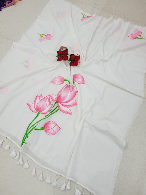 Lotus - Mul cotton Hand painted Saree