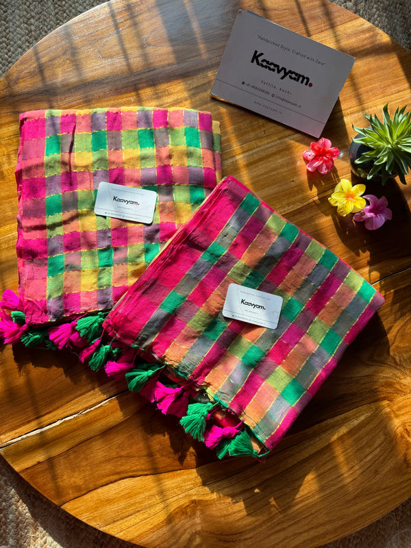 Multi Golden Check Mul Cotton Saree