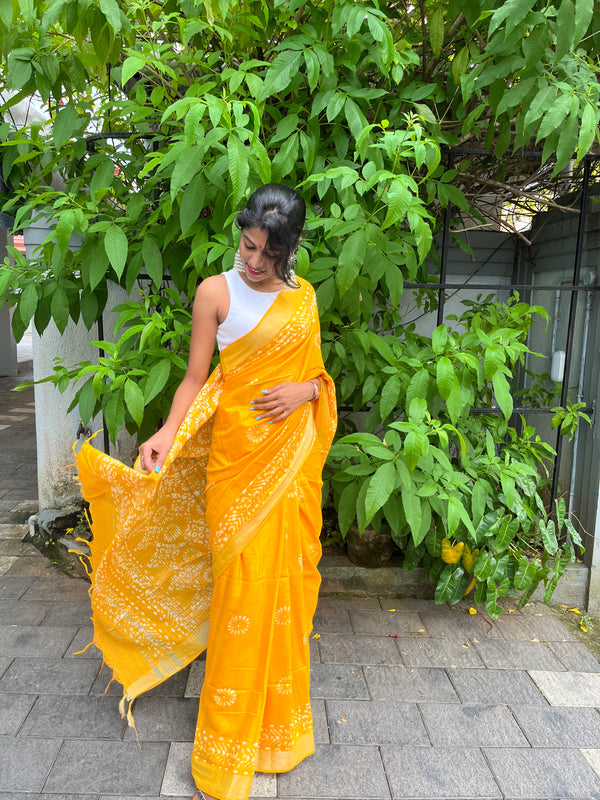 YELLOW COTTON HAND BLOCK SAREE