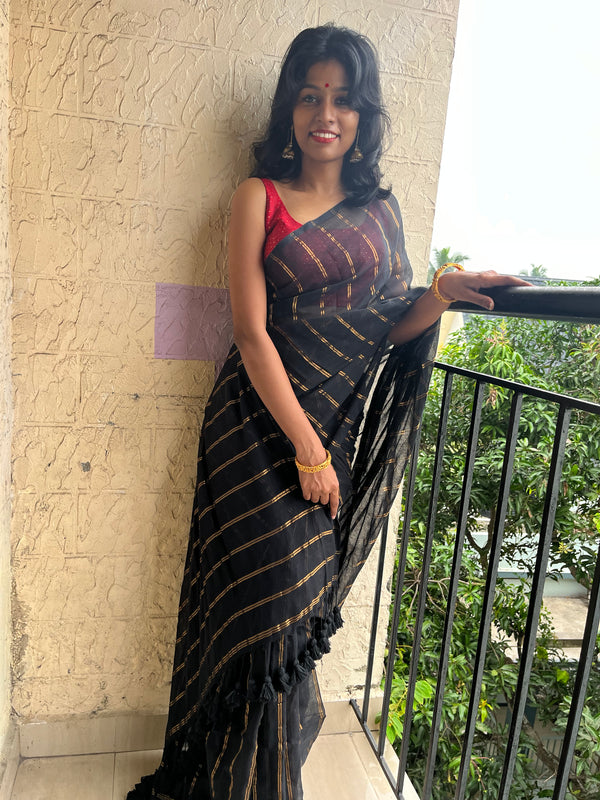 STRIPES- BLACK MUL MUL SAREE