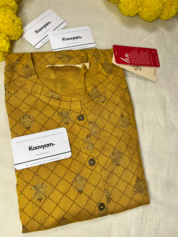 MANDARIN COLLAR YELLOW LONG PRINTED KURTI