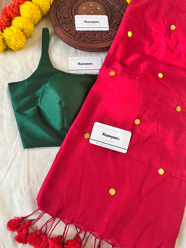 SEQUINS- RED MUL MUL SAREE & GREEN BLOUSE COMBO