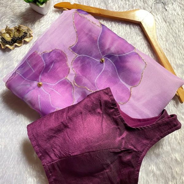 PURPLE ORGANZA SAREE & BLOUSE PIECE