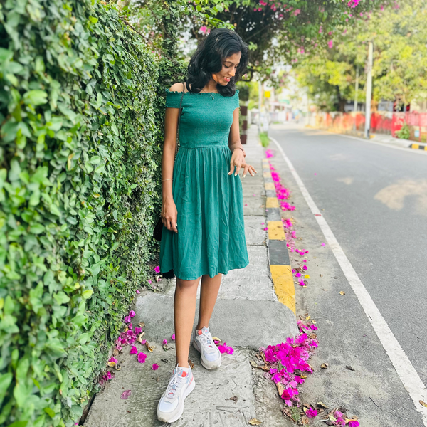 OFF-SHOULDER GREEN DRESS