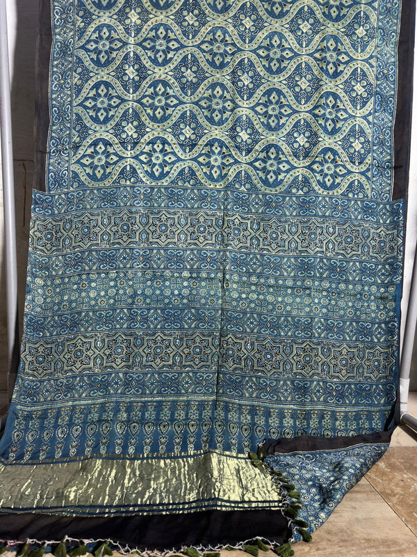 Blue Modal Silk Ajrakh Saree