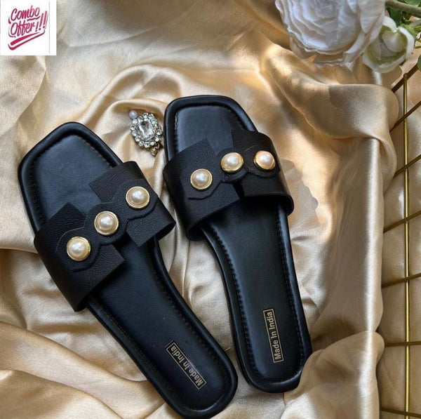 PEARL - BLACK FLAT SANDALS