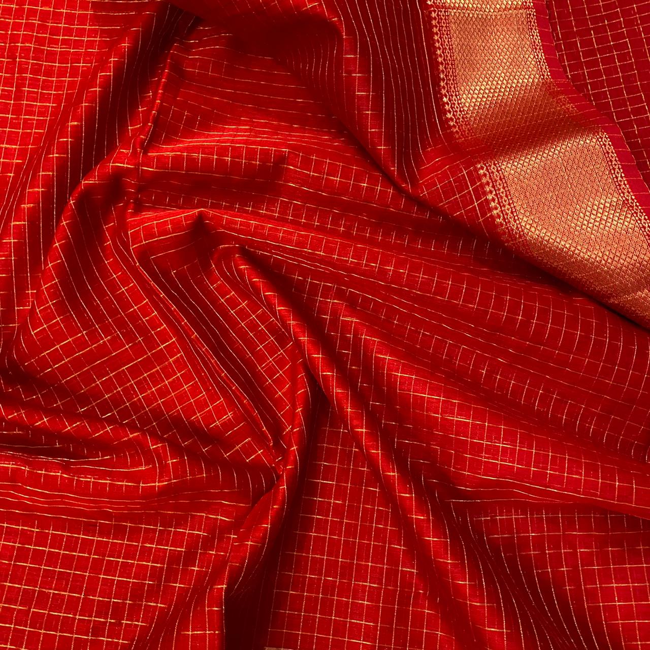 Red Maheshwari Jari Check Saree