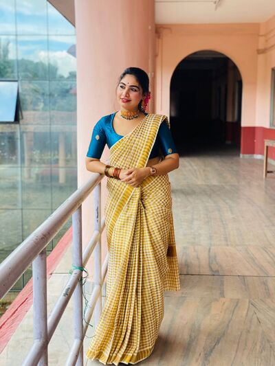 Golden Check Saree